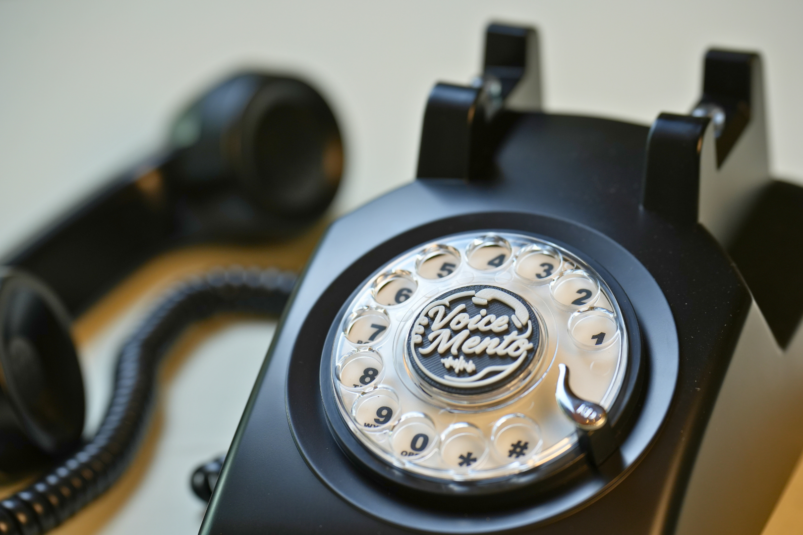 Close-up of a VoiceMento audio guestbook telephone