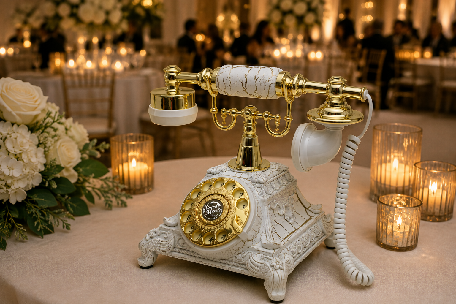 Gold Victorian VoiceMento audio guestbook displayed with flowers and candles