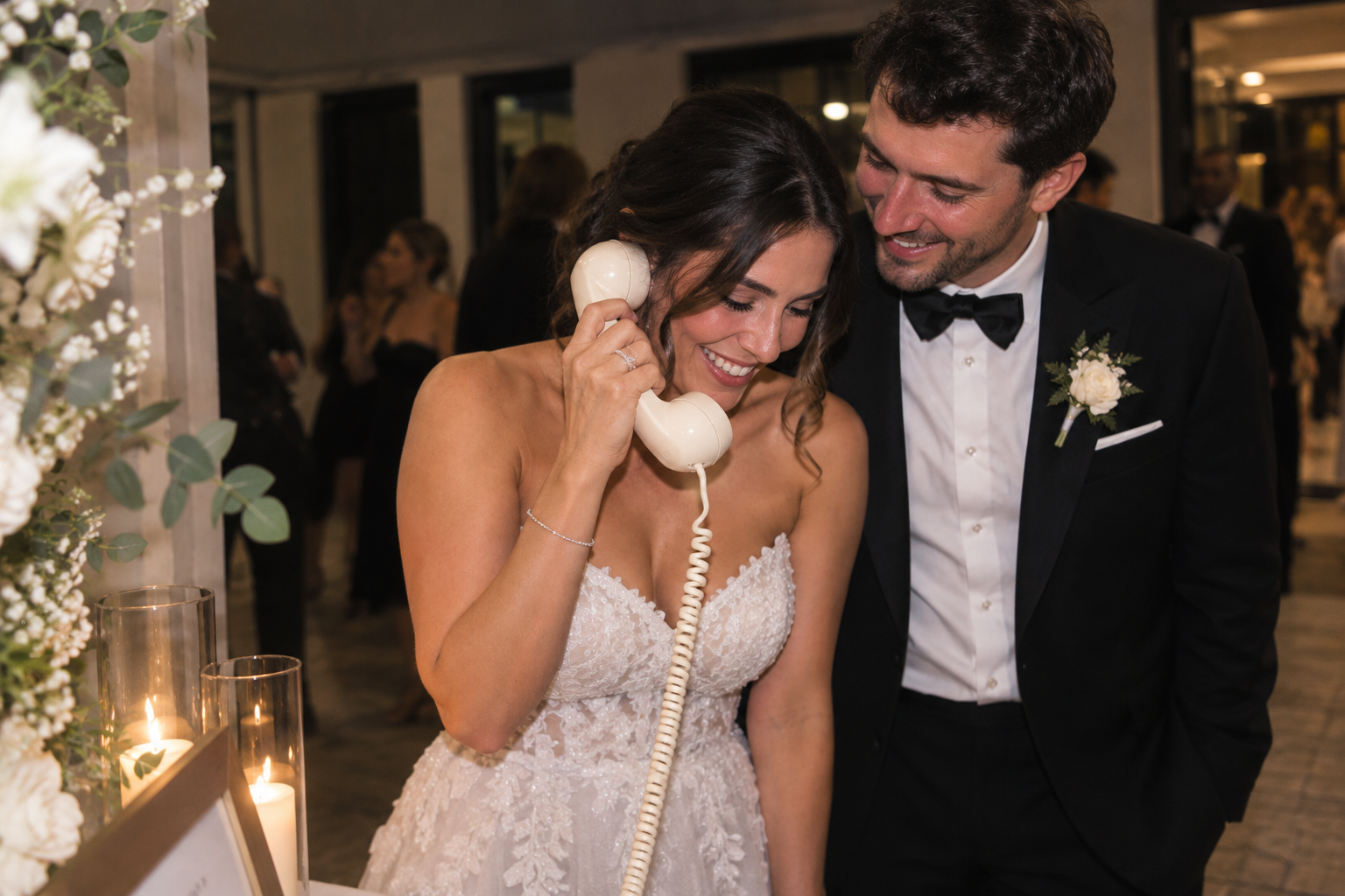 Bride using a VoiceMento wedding audio guestbook with the groom